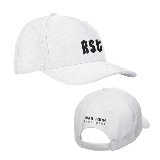 White WARTORN FIGHTWEAR x RST Snapback Hat - Premium wool blend hat with RST embroidery on the front. Structured design with snapback closure for a perfect fit. Permacurv visor for shade and protection.